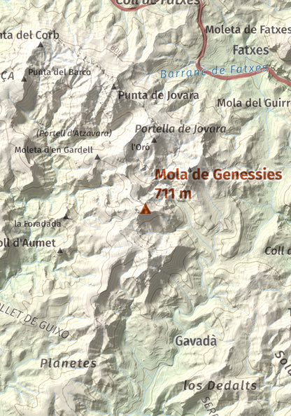 Mapa topogràfic del relleu: Mola de Genessies, 711 m. Detall de la zona central. 21 × 30 cm.