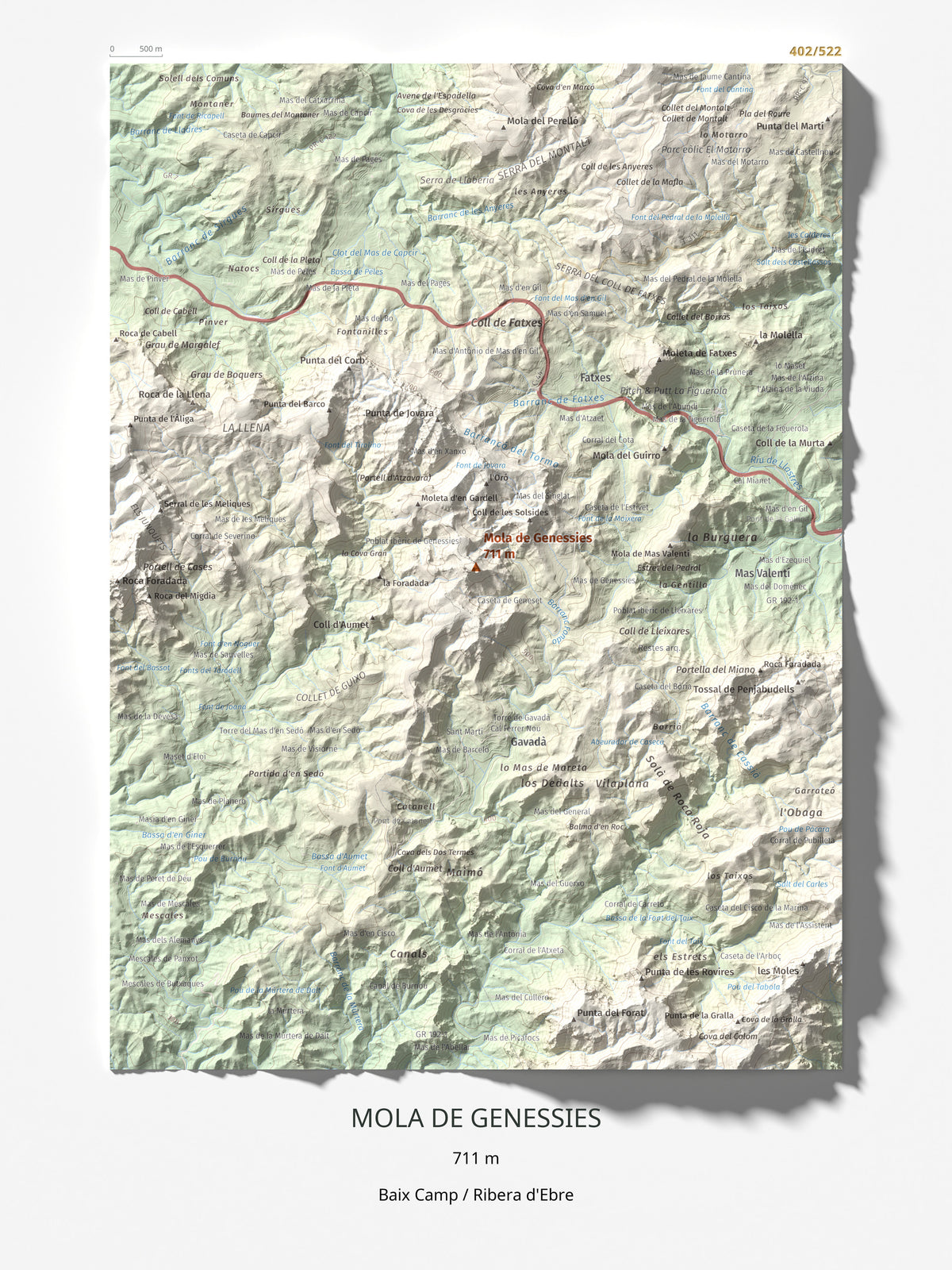 Mapa topogràfic del relleu: Mola de Genessies, 711 m. Làmina completa. 30 × 40 cm.