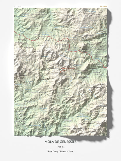 Mapa topogràfic del relleu: Mola de Genessies, 711 m. Làmina completa. 30 × 40 cm.