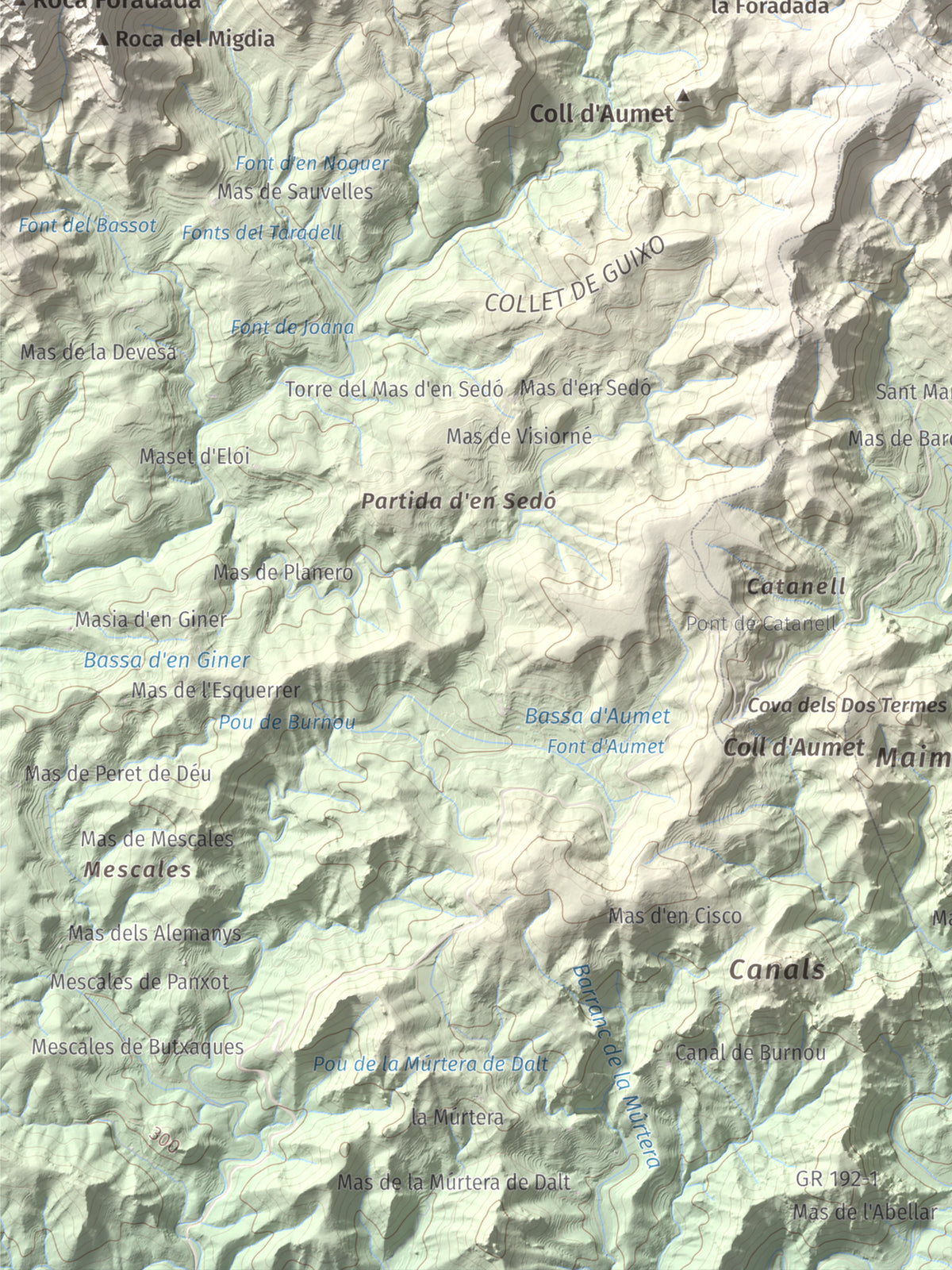 Mapa topogràfic del relleu: Mola de Genessies, 711 m. Detall de la zona inferior esquerra. 30 × 40 cm.