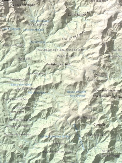 Mapa topogràfic del relleu: Mola de Genessies, 711 m. Detall de la zona inferior esquerra. 30 × 40 cm.