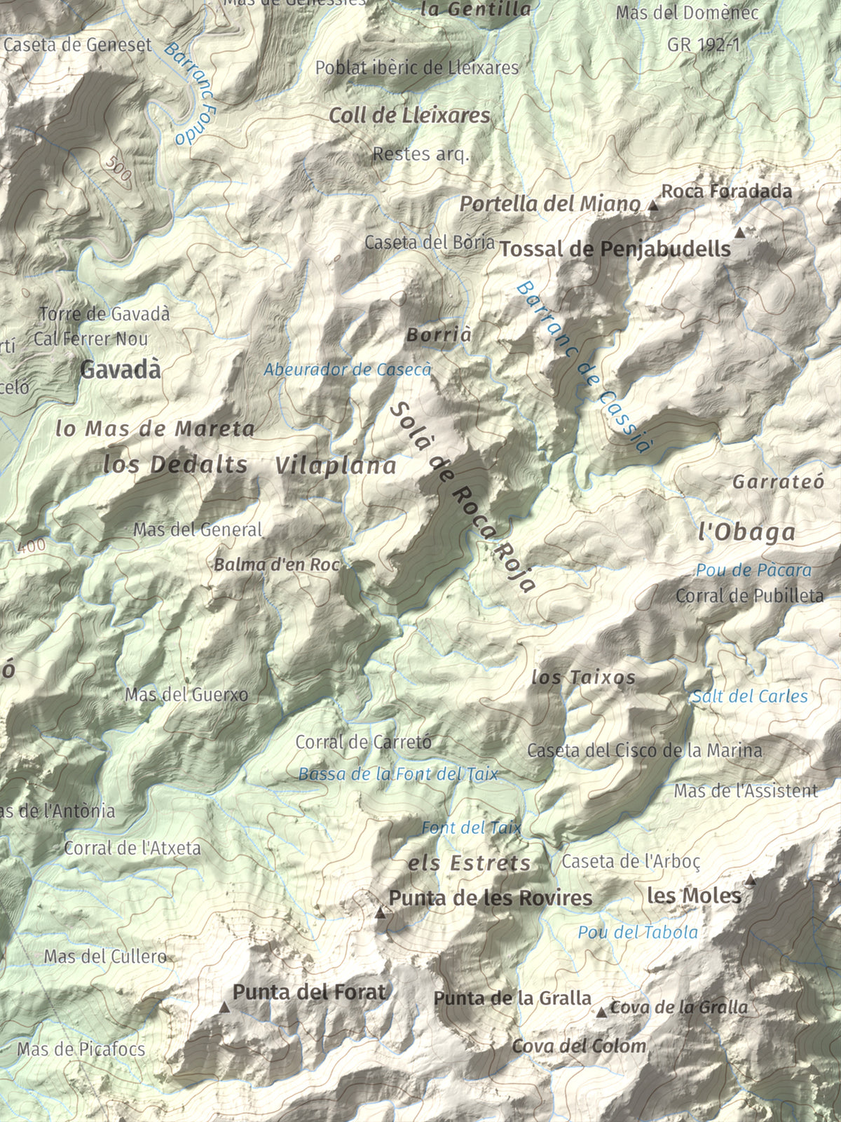 Mapa topogràfic del relleu: Mola de Genessies, 711 m. Detall de la zona inferior dreta. 30 × 40 cm.