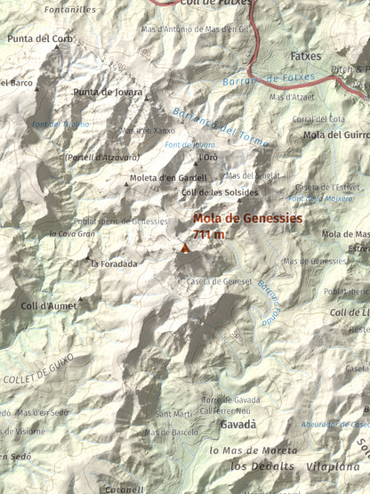Mapa topogràfic del relleu: Mola de Genessies, 711 m. Detall de la zona central. 30 × 40 cm.