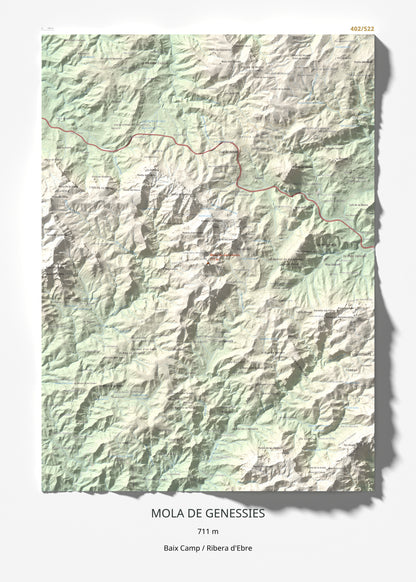 Mapa topogràfic del relleu: Mola de Genessies, 711 m. Làmina completa. 50 × 70 cm.