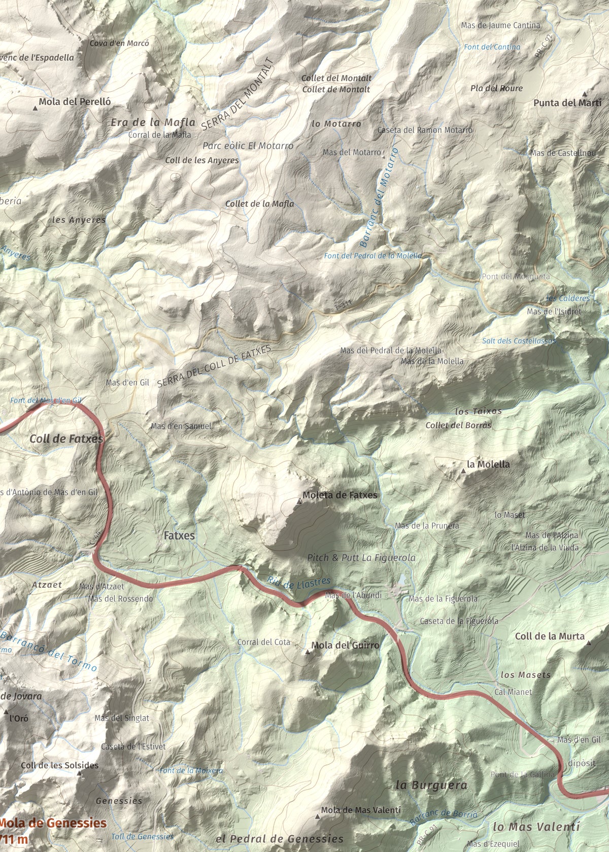 Mapa topogràfic del relleu: Mola de Genessies, 711 m. Detall de la zona superior dreta. 50 × 70 cm.