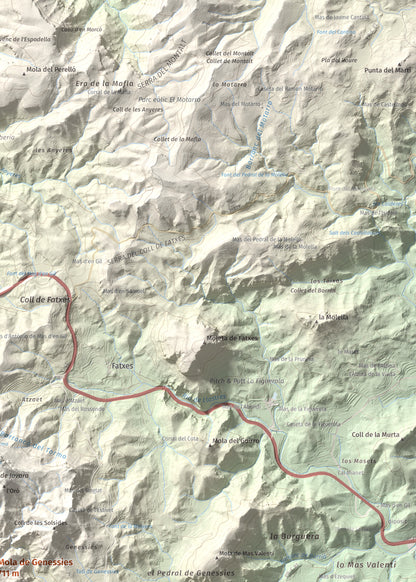 Mapa topogràfic del relleu: Mola de Genessies, 711 m. Detall de la zona superior dreta. 50 × 70 cm.