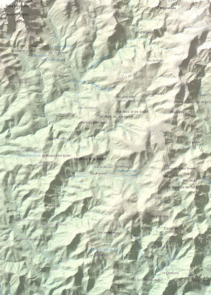 Mapa topogràfic del relleu: Mola de Genessies, 711 m. Detall de la zona inferior esquerra. 50 × 70 cm.