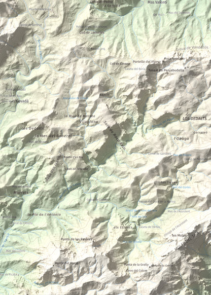 Mapa topogràfic del relleu: Mola de Genessies, 711 m. Detall de la zona inferior dreta. 50 × 70 cm.