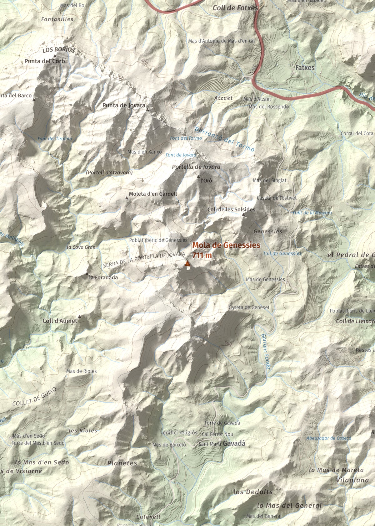Mapa topogràfic del relleu: Mola de Genessies, 711 m. Detall de la zona central. 50 × 70 cm.