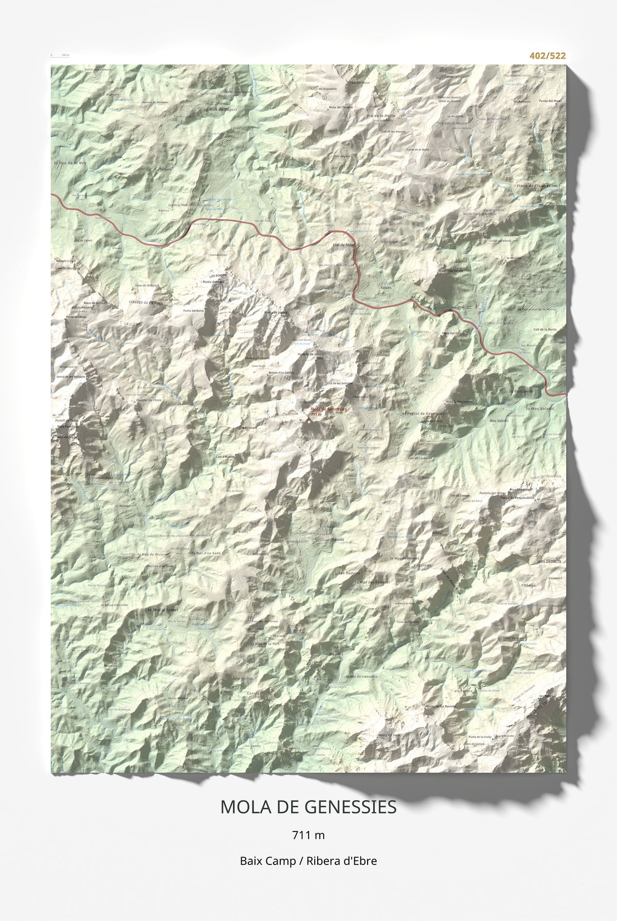 Mapa topogràfic del relleu: Mola de Genessies, 711 m. Làmina completa. 61 × 91 cm.