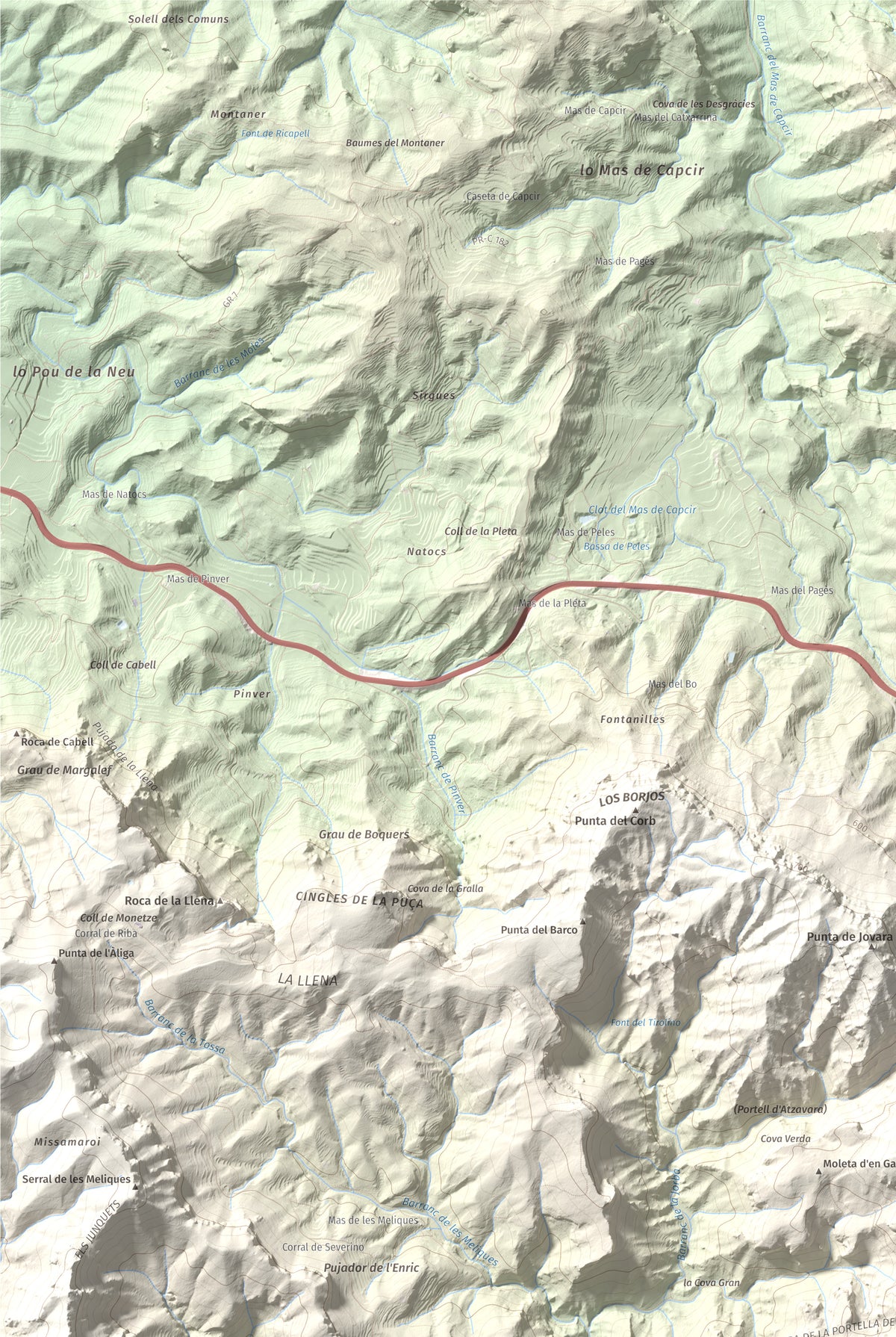 Mapa topogràfic del relleu: Mola de Genessies, 711 m. Detall de la zona superior esquerra. 61 × 91 cm.