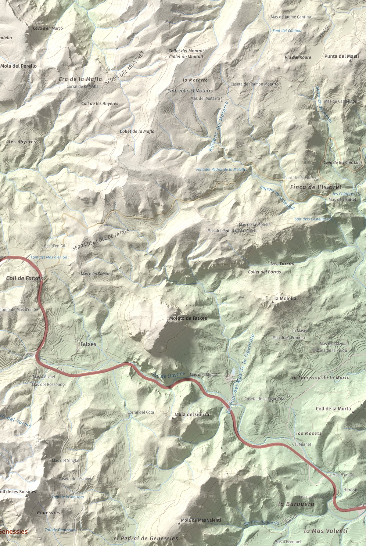 Mapa topogràfic del relleu: Mola de Genessies, 711 m. Detall de la zona superior dreta. 61 × 91 cm.