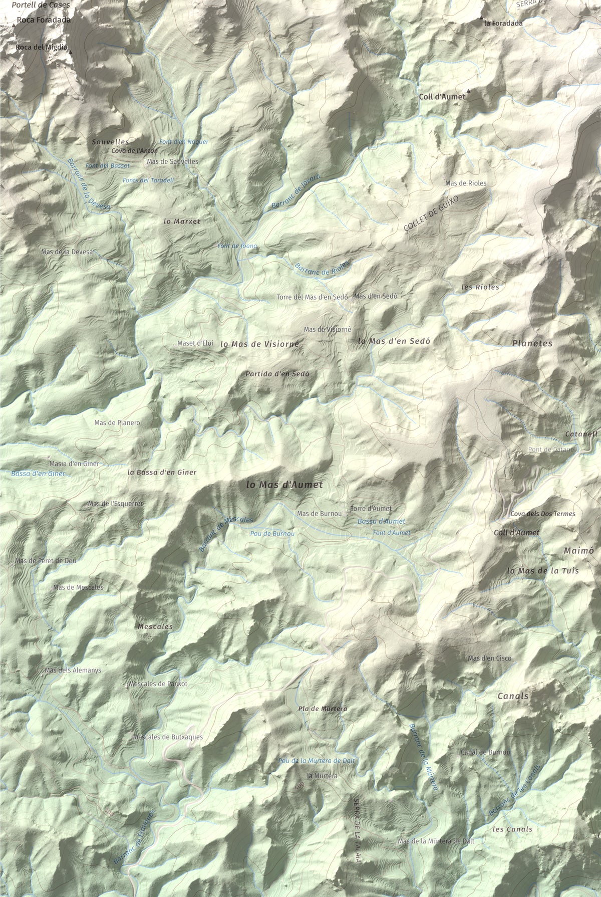 Mapa topogràfic del relleu: Mola de Genessies, 711 m. Detall de la zona inferior esquerra. 61 × 91 cm.