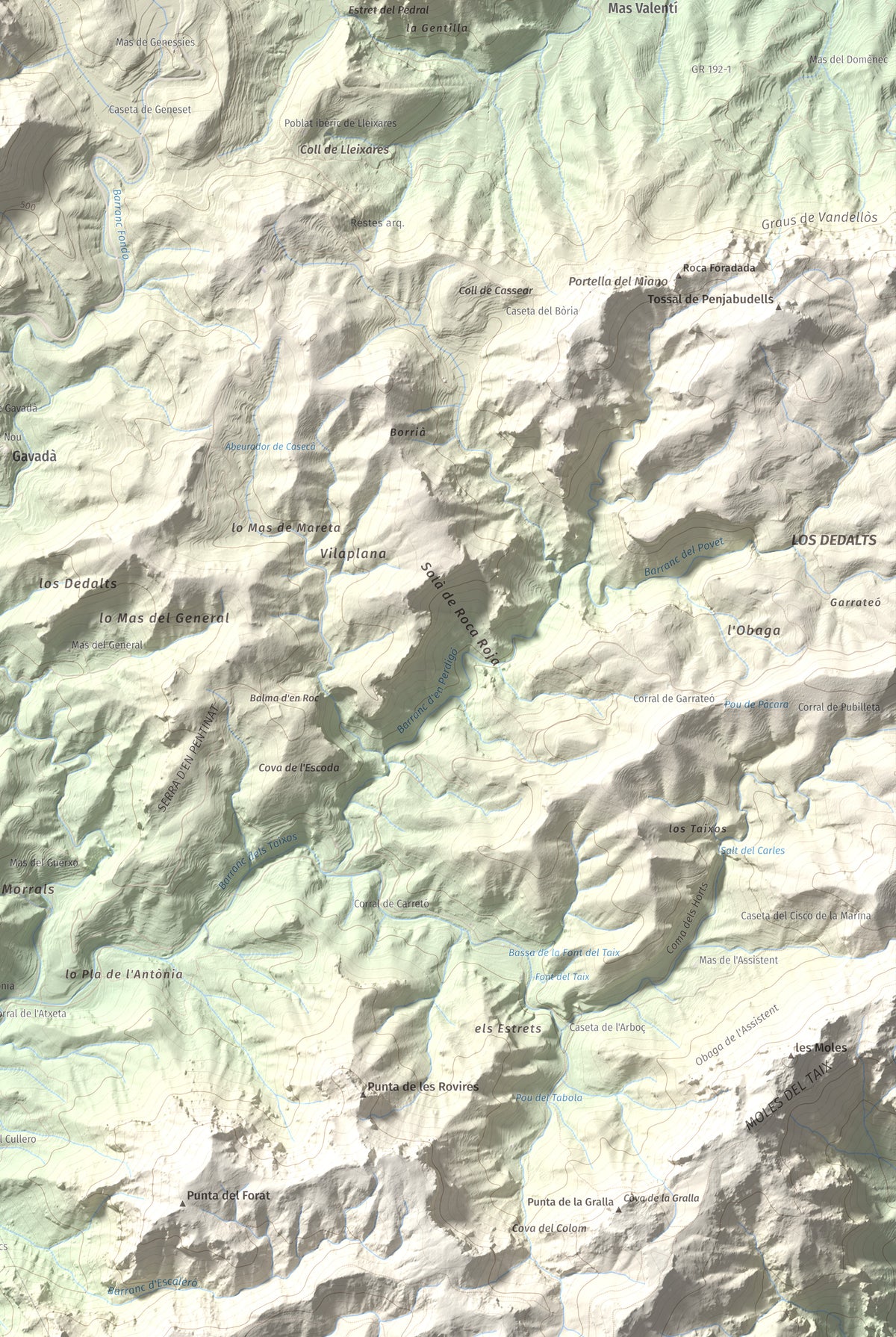 Mapa topogràfic del relleu: Mola de Genessies, 711 m. Detall de la zona inferior dreta. 61 × 91 cm.