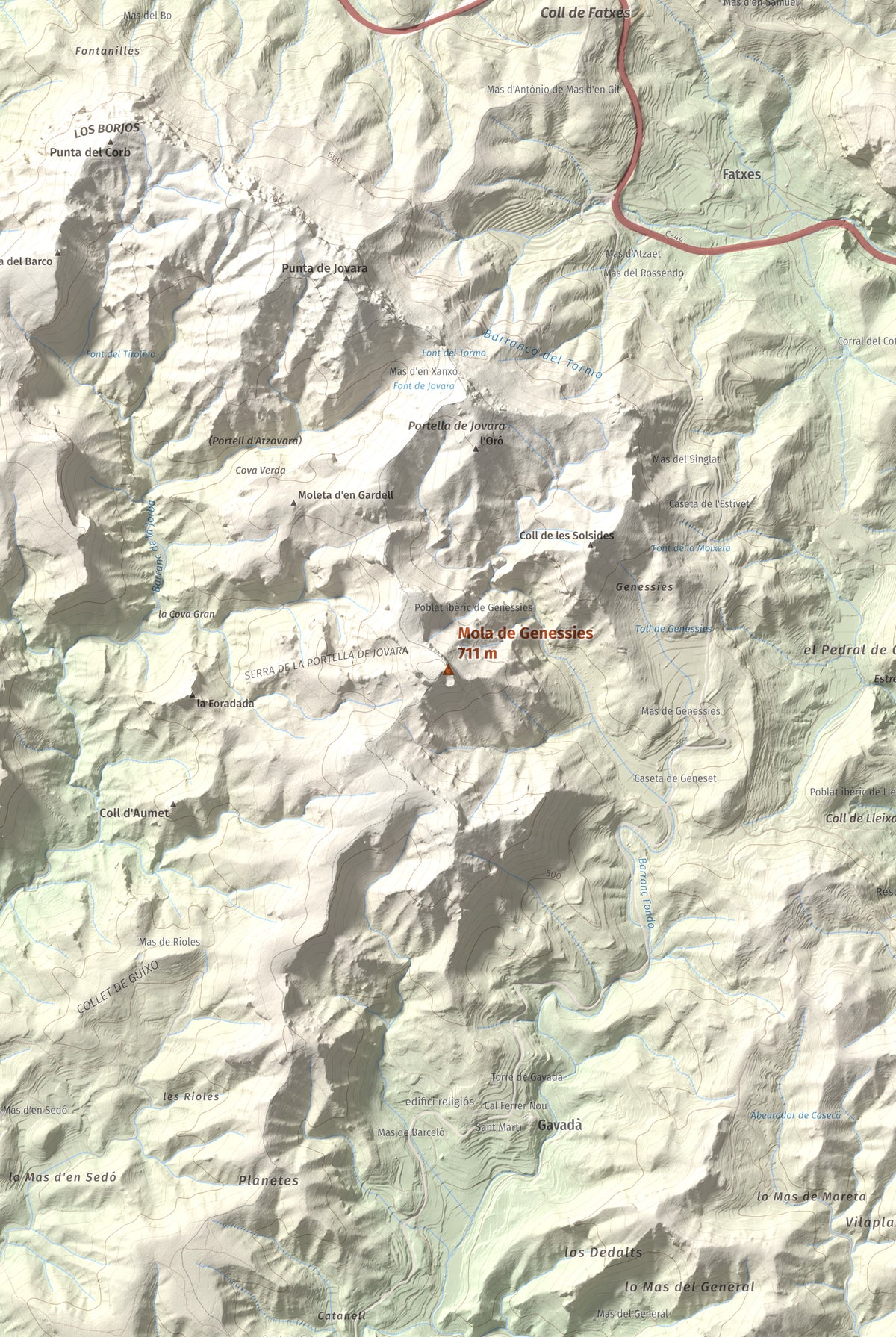 Mapa topogràfic del relleu: Mola de Genessies, 711 m. Detall de la zona central. 61 × 91 cm.