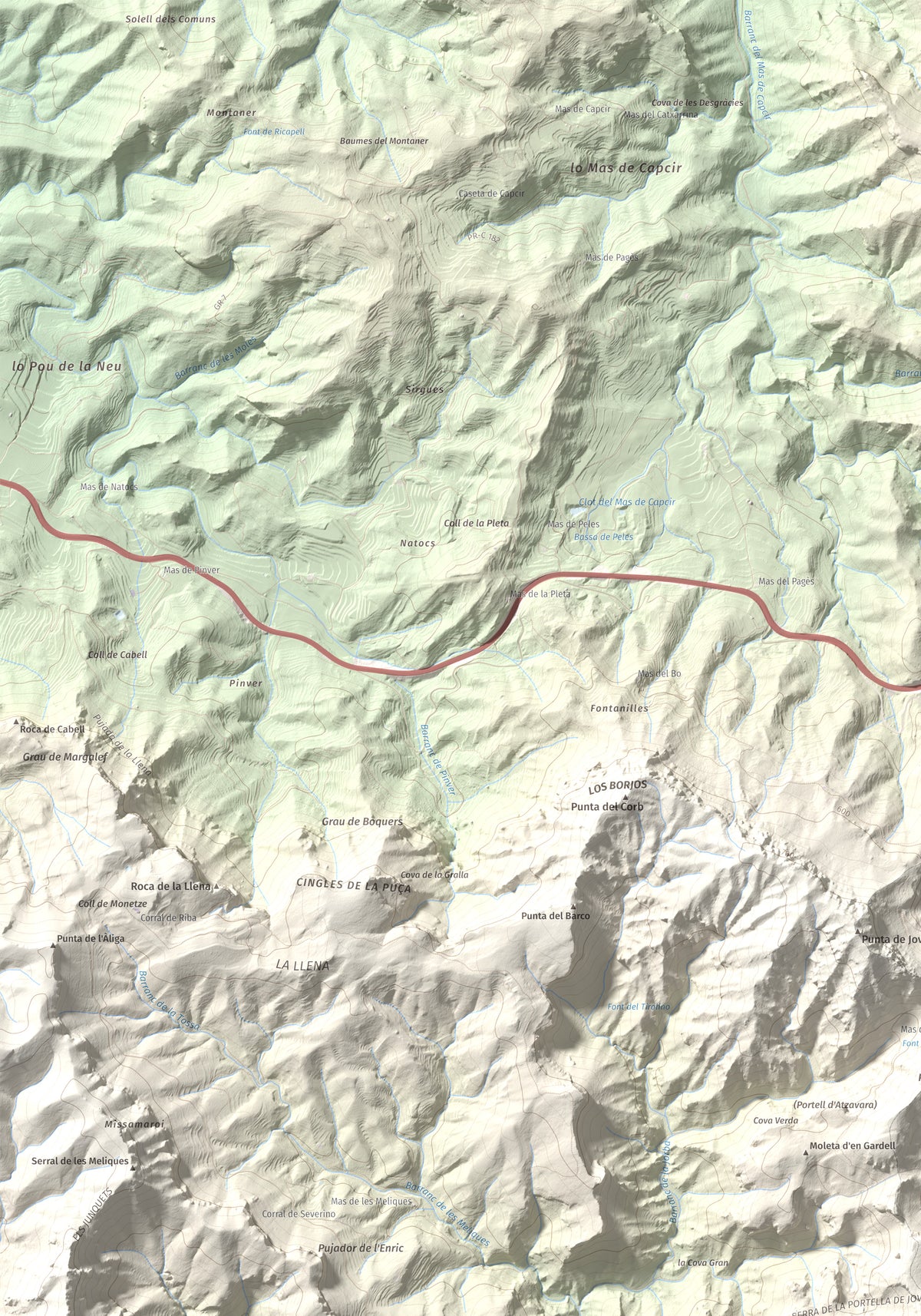 Mapa topogràfic del relleu: Mola de Genessies, 711 m. Detall de la zona superior esquerra. 70 × 100 cm.
