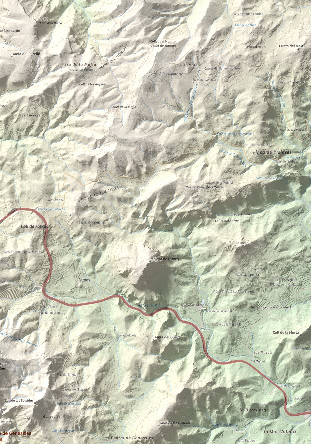 Mapa topogràfic del relleu: Mola de Genessies, 711 m. Detall de la zona superior dreta. 70 × 100 cm.