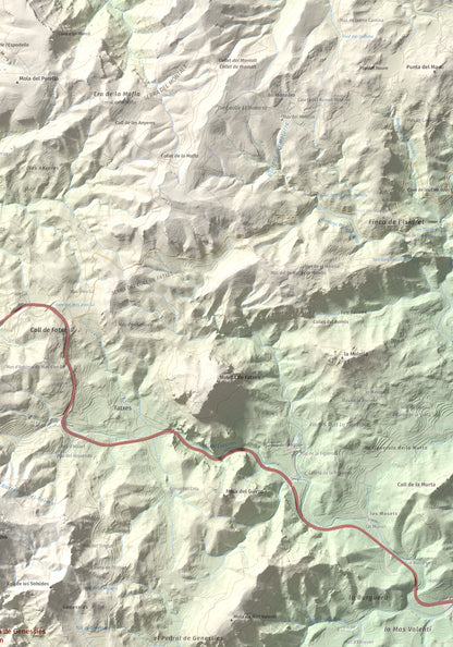 Mapa topogràfic del relleu: Mola de Genessies, 711 m. Detall de la zona superior dreta. 70 × 100 cm.