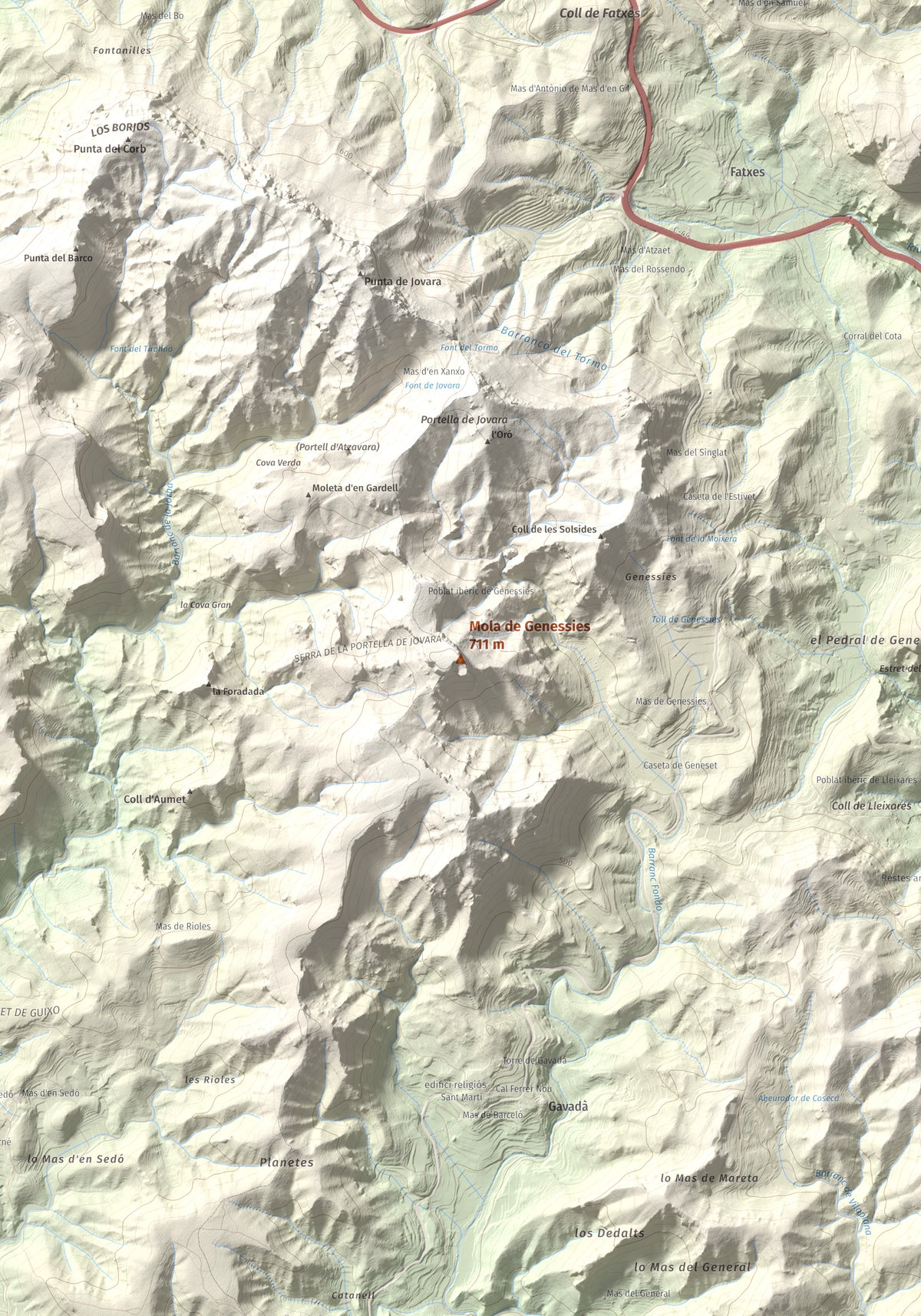 Mapa topogràfic del relleu: Mola de Genessies, 711 m. Detall de la zona central. 70 × 100 cm.