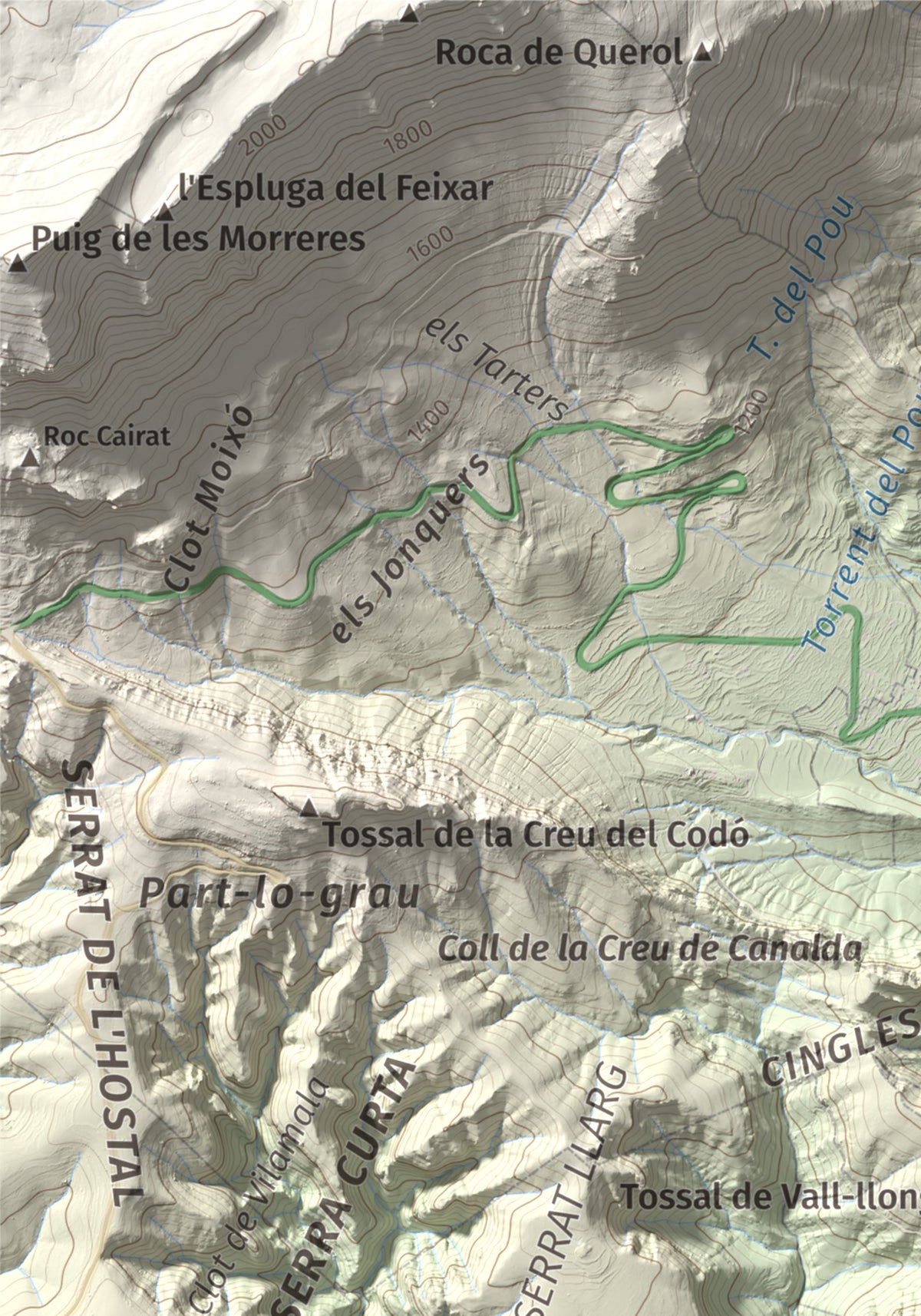 Mapa de relieve de Mola de Lord, 1189 m, Solsonès, lámina 100 Cims de Trobart. Detalle de la zona superior izquierda. 21 × 30 cm.