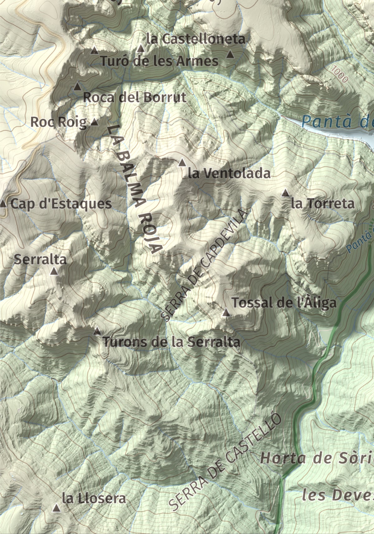 Mapa de relieve de Mola de Lord, 1189 m, Solsonès, lámina 100 Cims de Trobart. Detalle de la zona inferior izquierda. 21 × 30 cm.