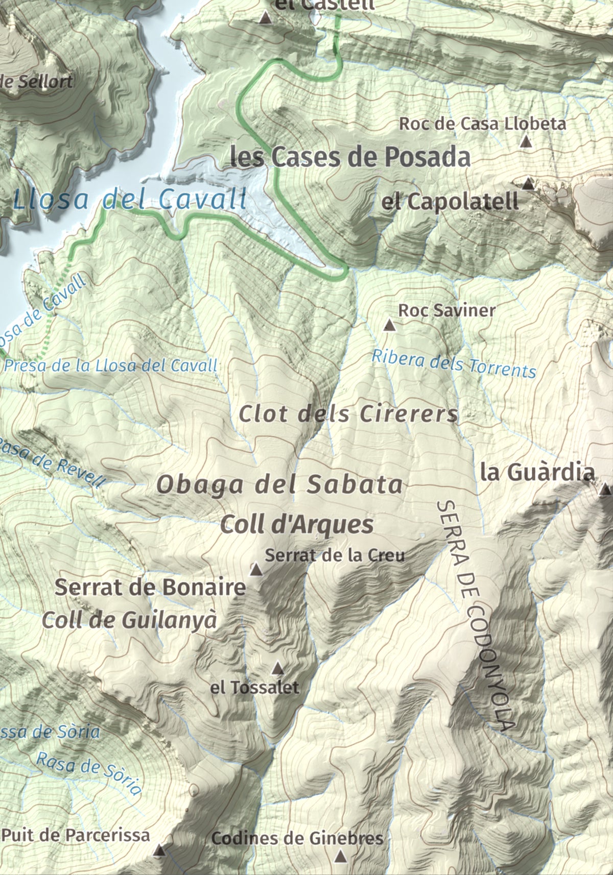 Mapa de relieve de Mola de Lord, 1189 m, Solsonès, lámina 100 Cims de Trobart. Detalle de la zona inferior derecha. 21 × 30 cm.