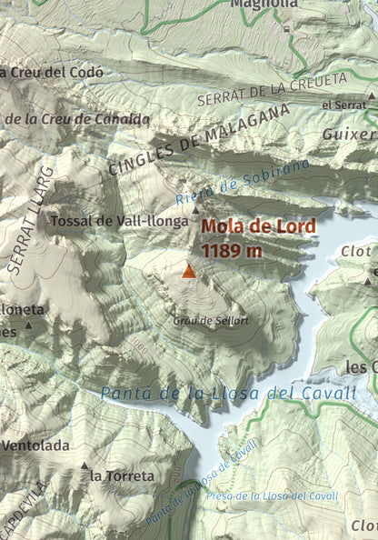 Mapa de relieve de Mola de Lord, 1189 m, Solsonès, lámina 100 Cims de Trobart. Detalle de la zona central. 21 × 30 cm.