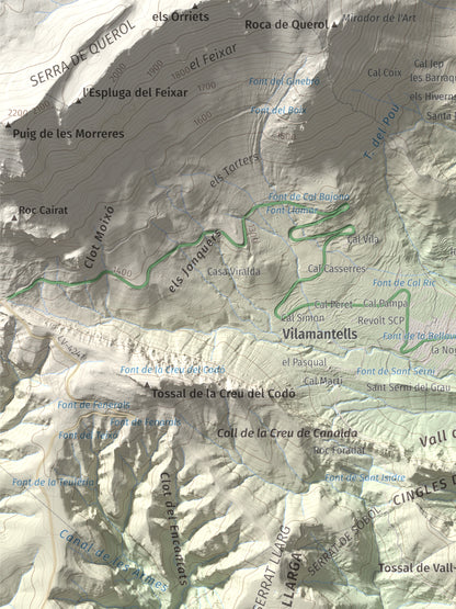 Mapa de relieve de Mola de Lord, 1189 m, Solsonès, lámina 100 Cims de Trobart. Detalle de la zona superior izquierda. 30 × 40 cm.