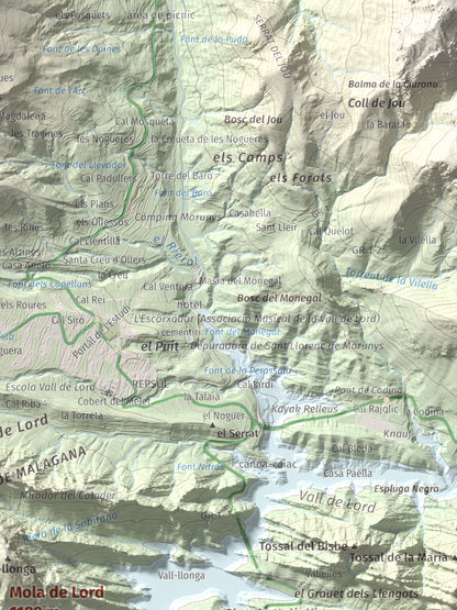 Mapa de relieve de Mola de Lord, 1189 m, Solsonès, lámina 100 Cims de Trobart. Detalle de la zona superior derecha. 30 × 40 cm.