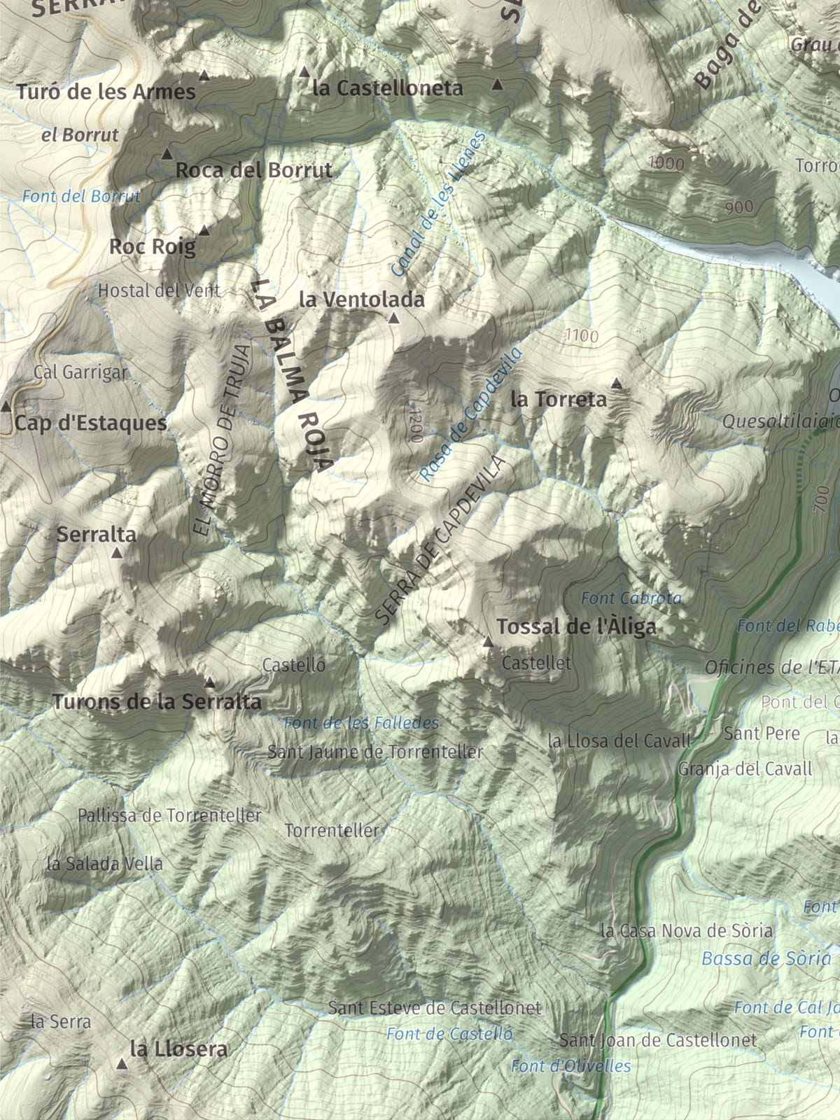 Mapa de relieve de Mola de Lord, 1189 m, Solsonès, lámina 100 Cims de Trobart. Detalle de la zona inferior izquierda. 30 × 40 cm.