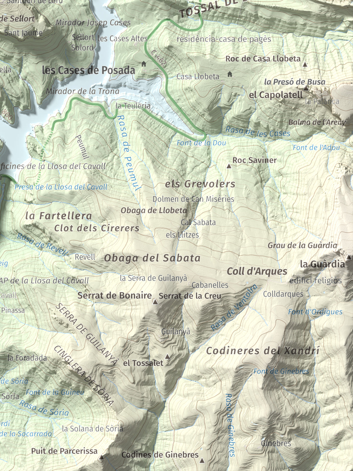 Mapa de relieve de Mola de Lord, 1189 m, Solsonès, lámina 100 Cims de Trobart. Detalle de la zona inferior derecha. 30 × 40 cm.