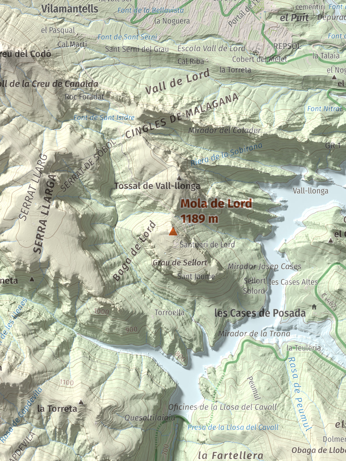 Mapa de relieve de Mola de Lord, 1189 m, Solsonès, lámina 100 Cims de Trobart. Detalle de la zona central. 30 × 40 cm.