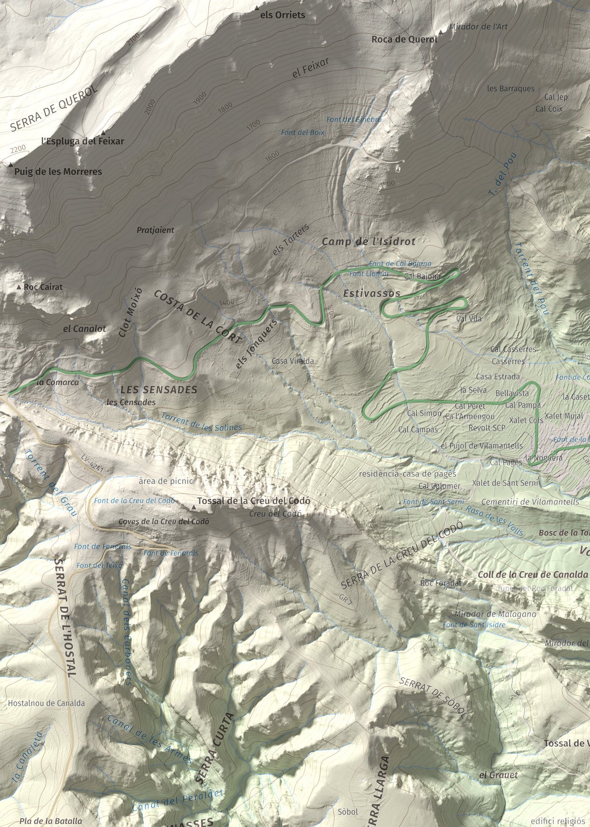Mapa de relieve de Mola de Lord, 1189 m, Solsonès, lámina 100 Cims de Trobart. Detalle de la zona superior izquierda. 50 × 70 cm.