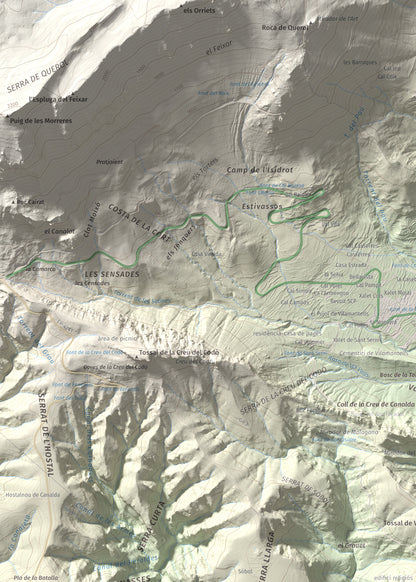 Mapa de relieve de Mola de Lord, 1189 m, Solsonès, lámina 100 Cims de Trobart. Detalle de la zona superior izquierda. 50 × 70 cm.
