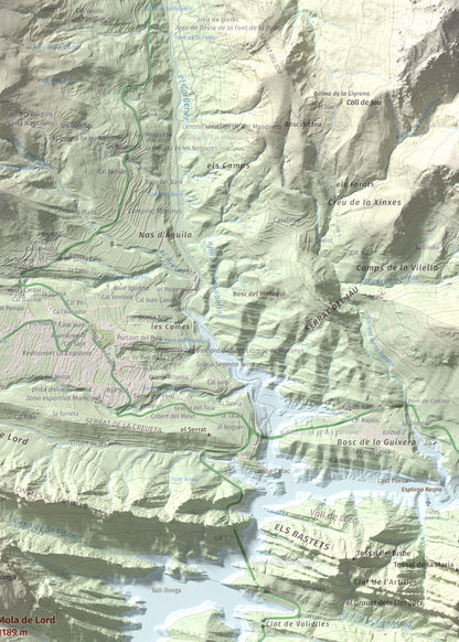 Mapa de relieve de Mola de Lord, 1189 m, Solsonès, lámina 100 Cims de Trobart. Detalle de la zona superior derecha. 50 × 70 cm.