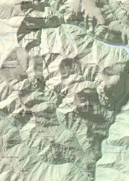 Mapa de relieve de Mola de Lord, 1189 m, Solsonès, lámina 100 Cims de Trobart. Detalle de la zona inferior izquierda. 50 × 70 cm.