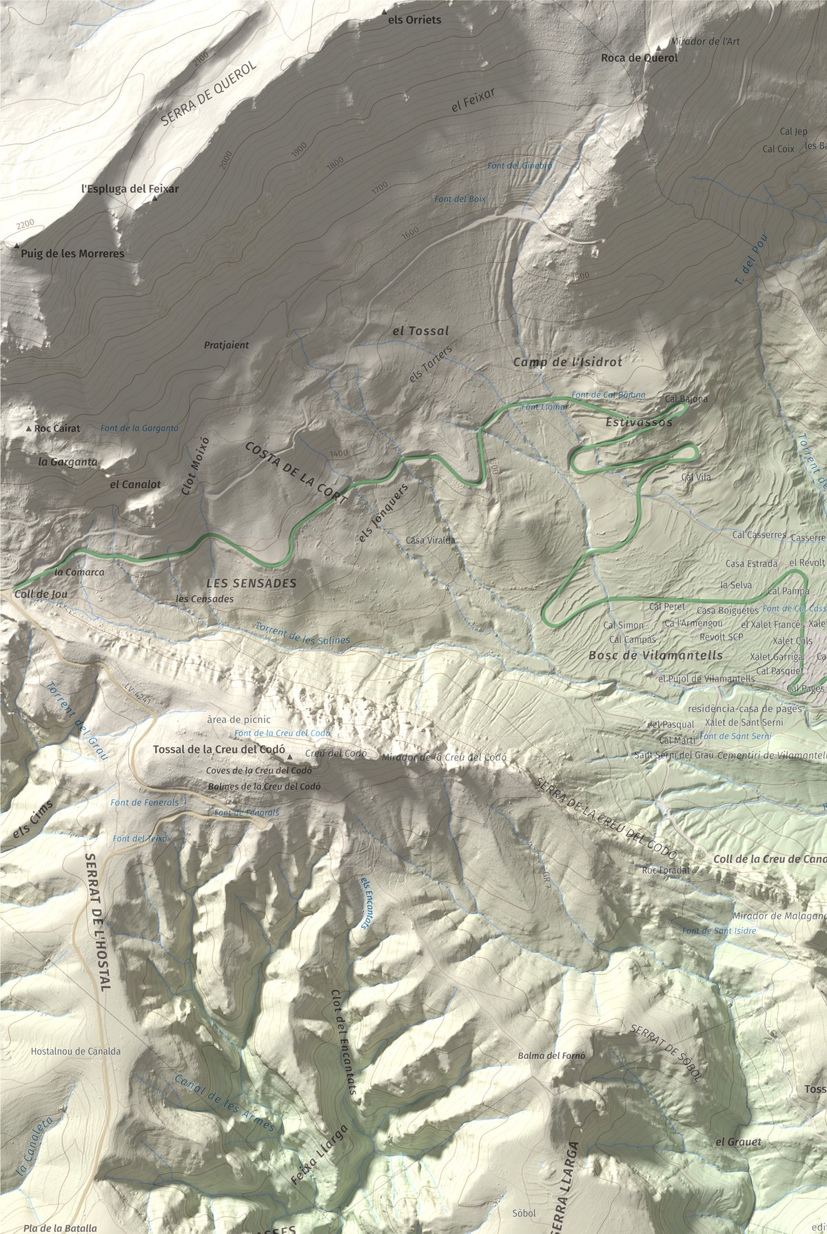 Mapa de relieve de Mola de Lord, 1189 m, Solsonès, lámina 100 Cims de Trobart. Detalle de la zona superior izquierda. 61 × 91 cm.