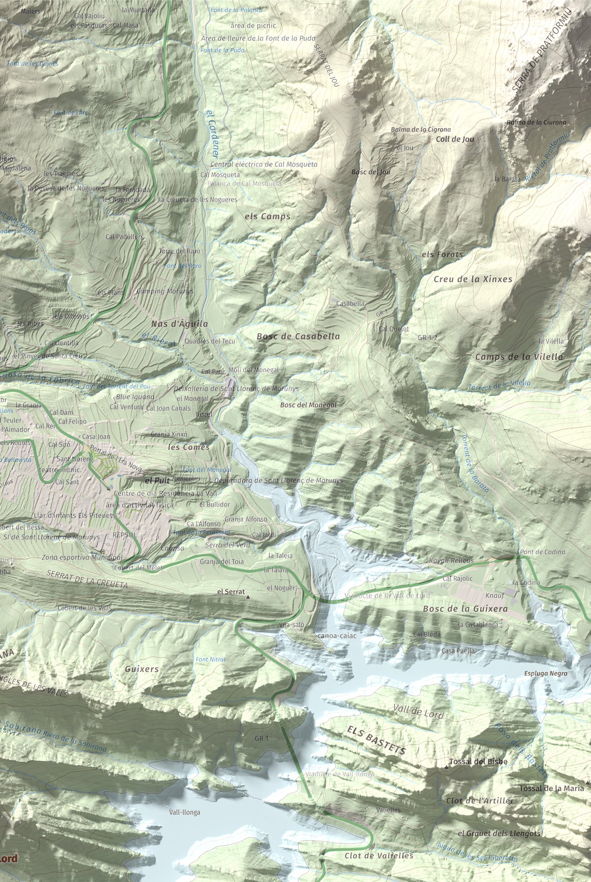 Mapa de relieve de Mola de Lord, 1189 m, Solsonès, lámina 100 Cims de Trobart. Detalle de la zona superior derecha. 61 × 91 cm.