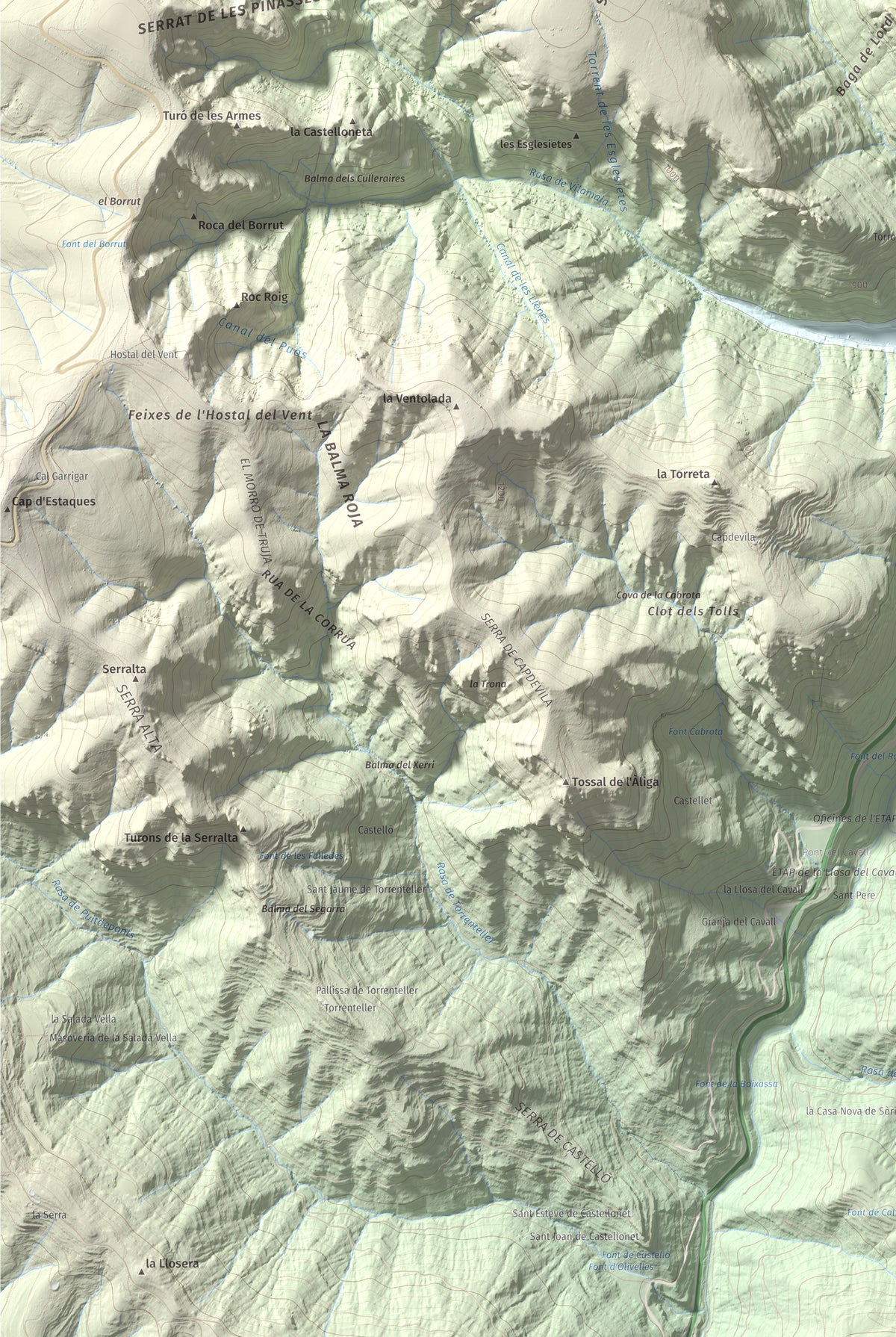 Mapa de relieve de Mola de Lord, 1189 m, Solsonès, lámina 100 Cims de Trobart. Detalle de la zona inferior izquierda. 61 × 91 cm.