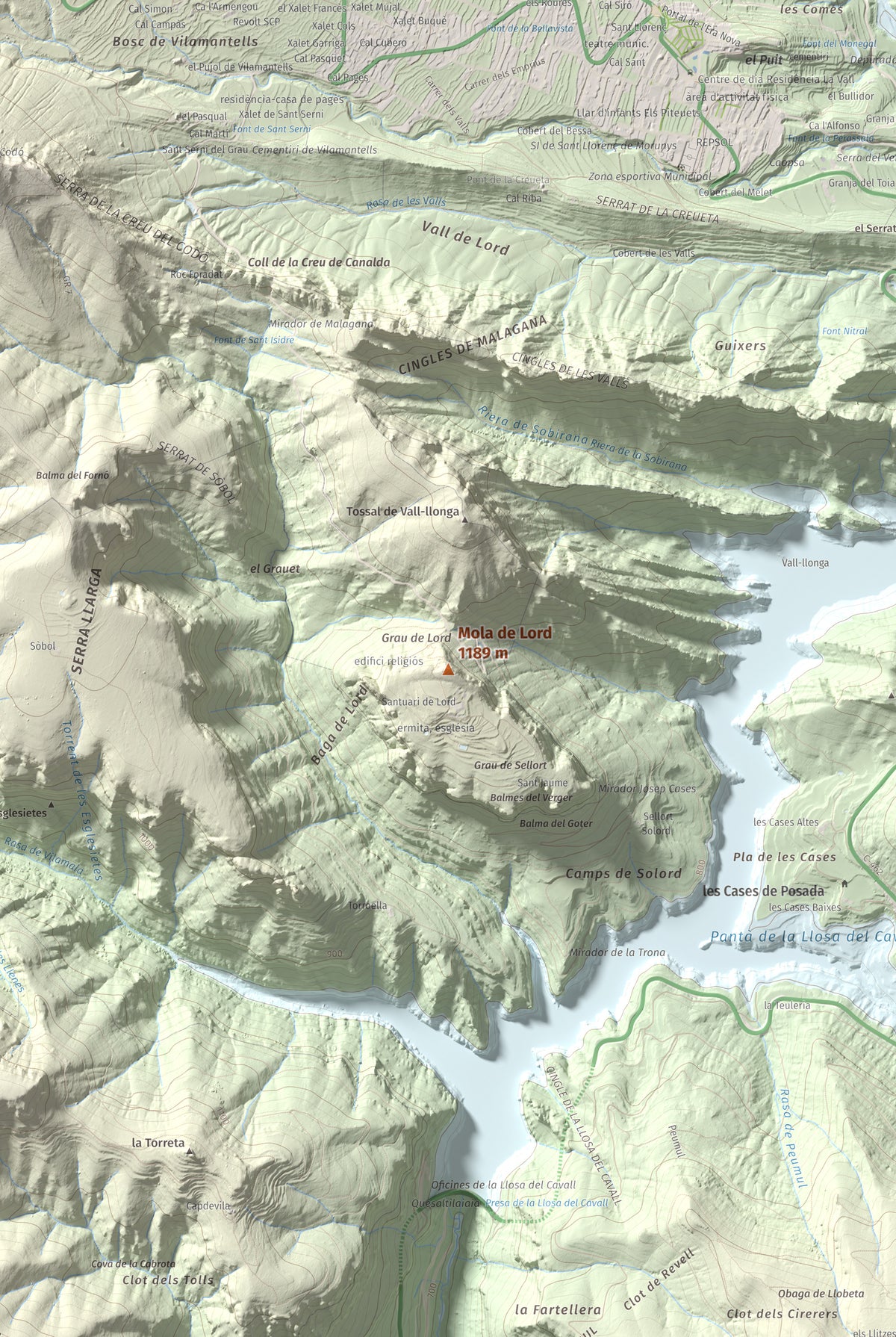 Mapa de relieve de Mola de Lord, 1189 m, Solsonès, lámina 100 Cims de Trobart. Detalle de la zona central. 61 × 91 cm.
