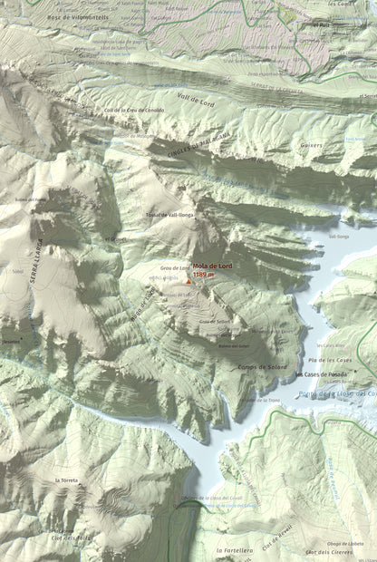 Mapa de relieve de Mola de Lord, 1189 m, Solsonès, lámina 100 Cims de Trobart. Detalle de la zona central. 61 × 91 cm.