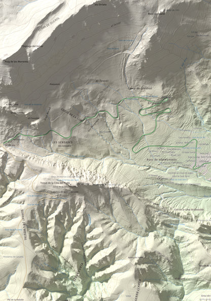 Mapa de relieve de Mola de Lord, 1189 m, Solsonès, lámina 100 Cims de Trobart. Detalle de la zona superior izquierda. 70 × 100 cm.