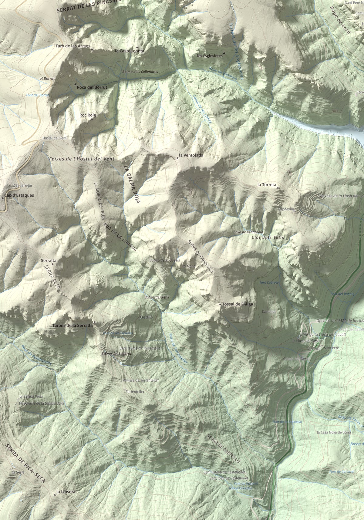 Mapa de relieve de Mola de Lord, 1189 m, Solsonès, lámina 100 Cims de Trobart. Detalle de la zona inferior izquierda. 70 × 100 cm.