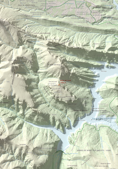 Mapa de relieve de Mola de Lord, 1189 m, Solsonès, lámina 100 Cims de Trobart. Detalle de la zona central. 70 × 100 cm.