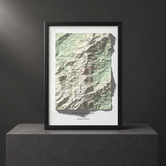 Mapa de relieve de Moleta de les Canals, 1070 m, Baix Ebre · Terra Alta, lámina 100 Cims de Trobart. Presentación enmarcada. 21 × 30 cm.