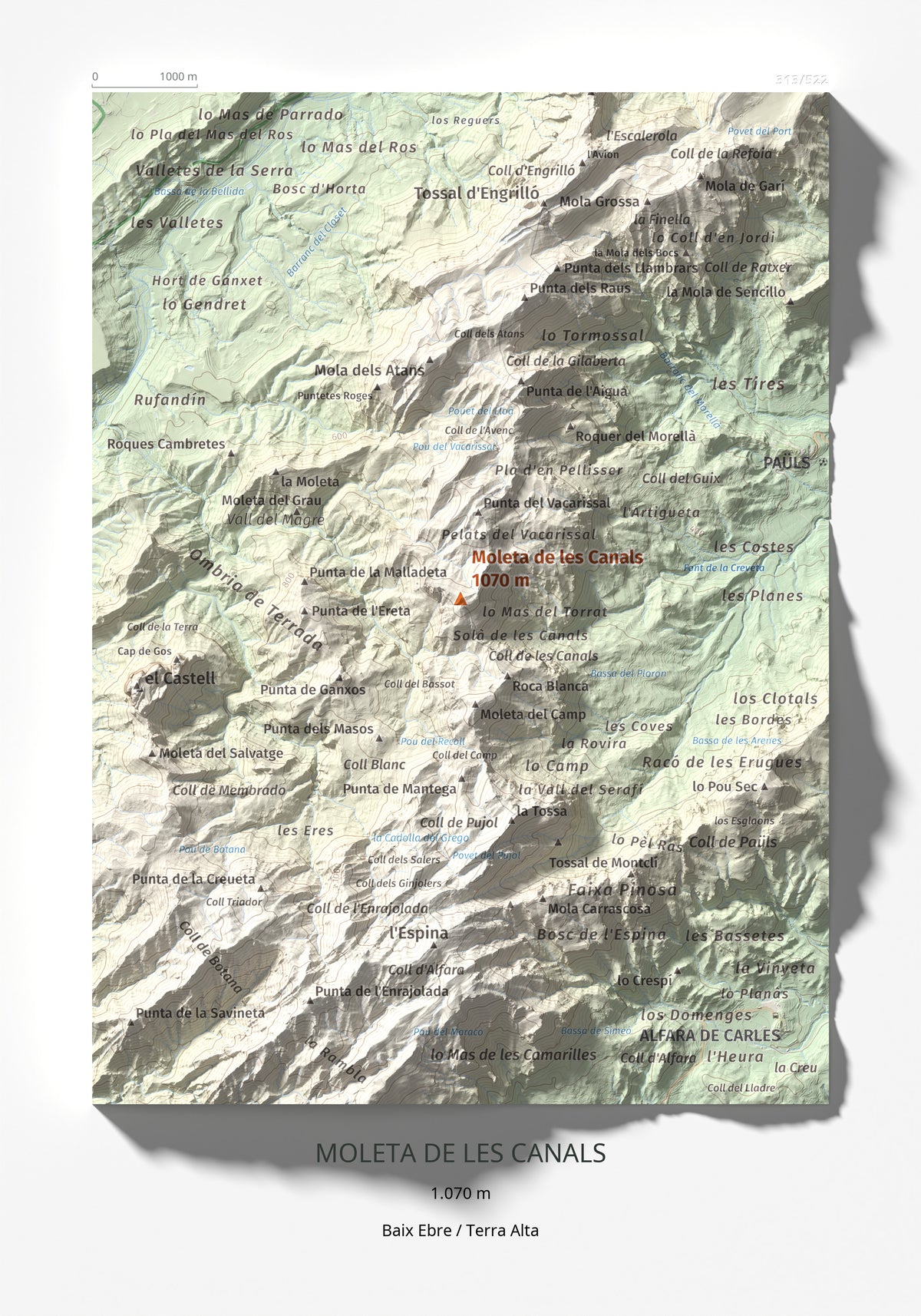 Mapa de relieve de Moleta de les Canals, 1070 m, Baix Ebre · Terra Alta, lámina 100 Cims de Trobart 21 × 30 cm.
