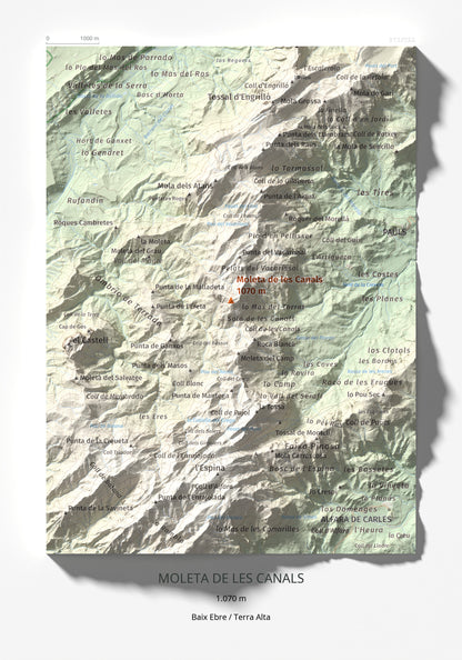 Mapa de relieve de Moleta de les Canals, 1070 m, Baix Ebre · Terra Alta, lámina 100 Cims de Trobart 21 × 30 cm.