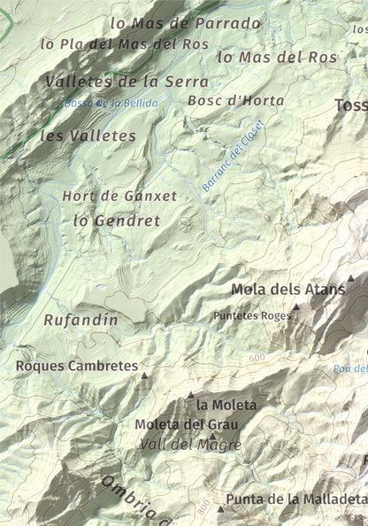 Mapa de relieve de Moleta de les Canals, 1070 m, Baix Ebre · Terra Alta, lámina 100 Cims de Trobart. Detalle de la zona superior izquierda. 21 × 30 cm.