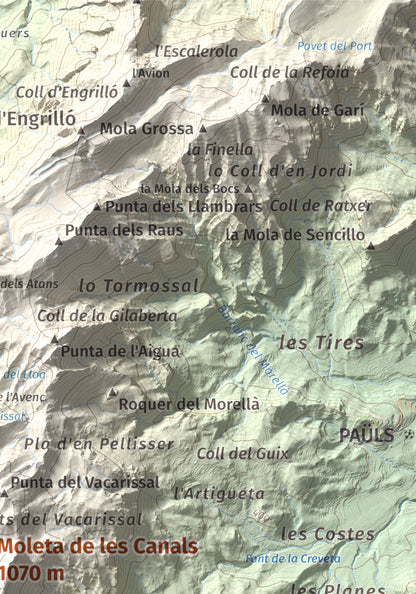 Mapa de relieve de Moleta de les Canals, 1070 m, Baix Ebre · Terra Alta, lámina 100 Cims de Trobart. Detalle de la zona superior derecha. 21 × 30 cm.
