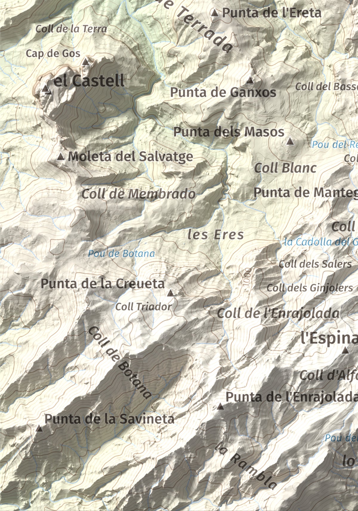 Mapa de relieve de Moleta de les Canals, 1070 m, Baix Ebre · Terra Alta, lámina 100 Cims de Trobart. Detalle de la zona inferior izquierda. 21 × 30 cm.